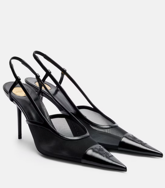 A pair of black pointed-toe slingback pumps with a glossy patent leather cap toe and a textured leather upper, shown on a light gray background.
